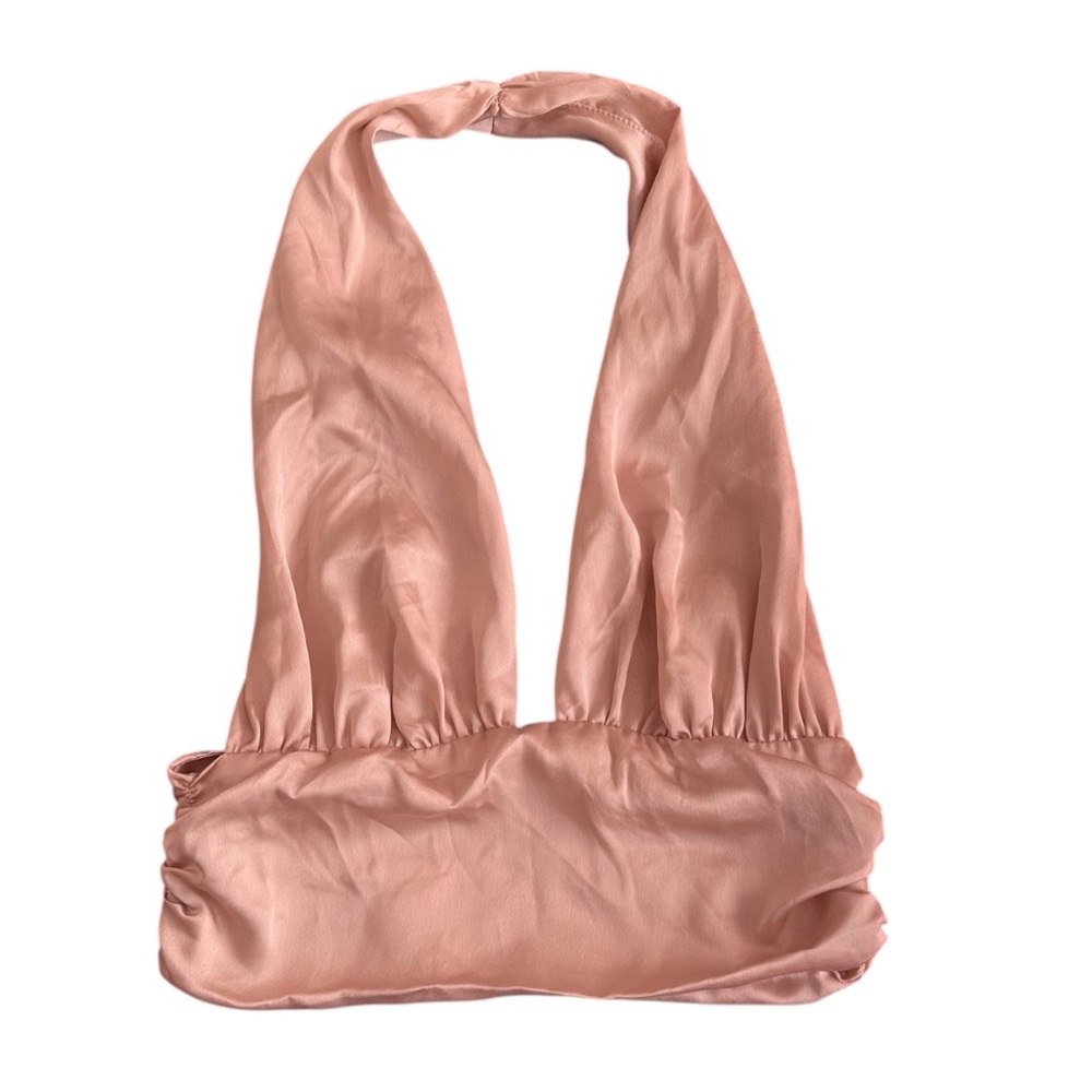 ASOS Design satin effect halter crop top in beige